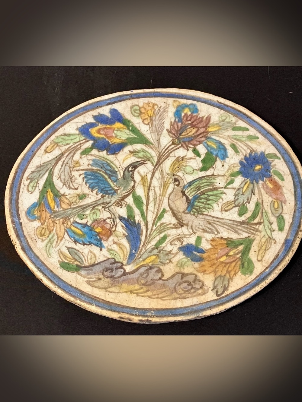 Persian Iznik Oval Polychrome Glazed Bird Tile